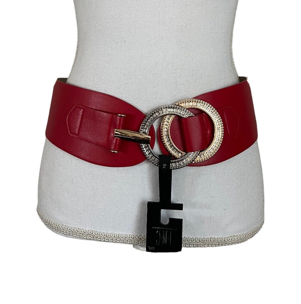 NWT INC Large /XL Double Ring Rhinestone Interlock Stretch Belt Red $43 #7377
